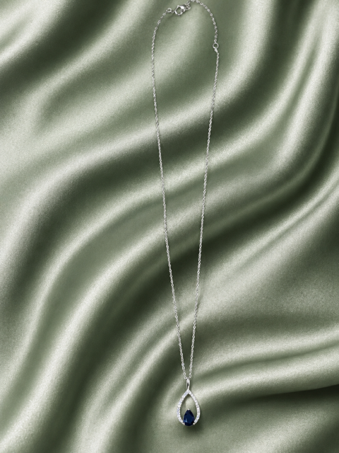 9ct White gold chain with white gold pear shaped diamond and sapphire pendant