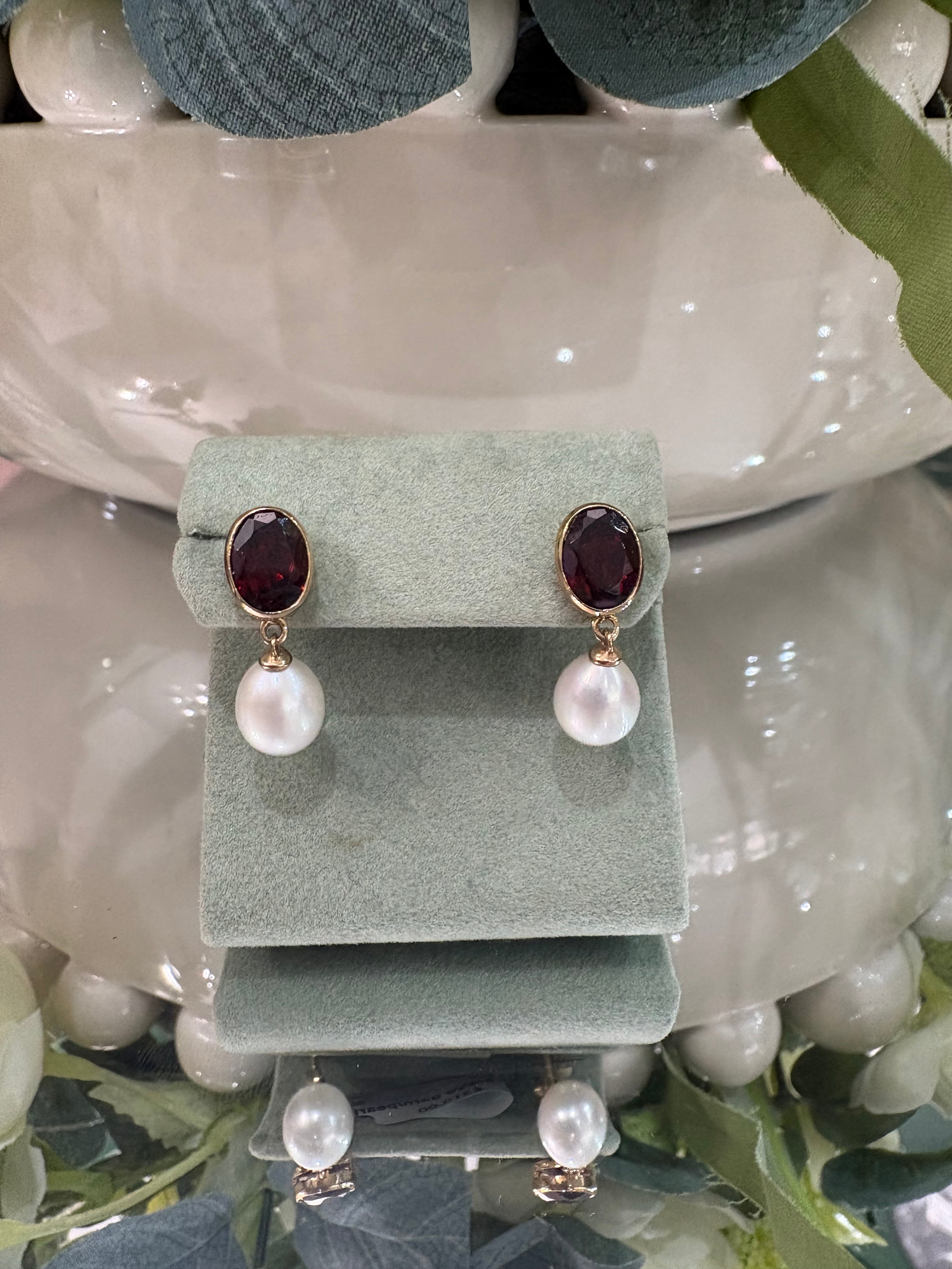 9ct Yellow Gold Garnet and Pearl Drop Earrings