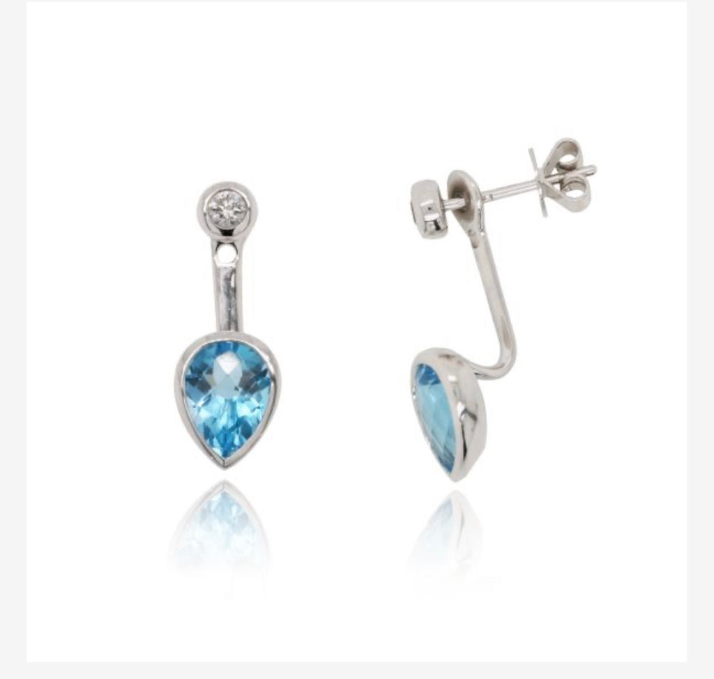 9ct White Gold Blue Topaz and Diamond Drop Earrings