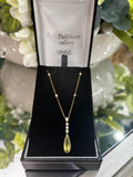 9ct Yellow Gold peridot & diamond drop pendant on chain