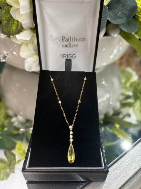 9ct Yellow Gold peridot & diamond drop pendant on chain