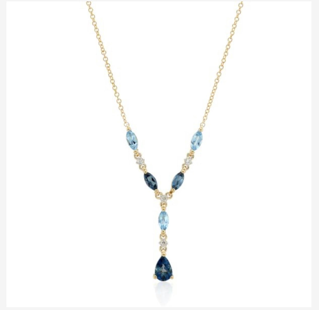 9ct Yellow Gold Diamond and Blue Topaz Y shape Necklace
