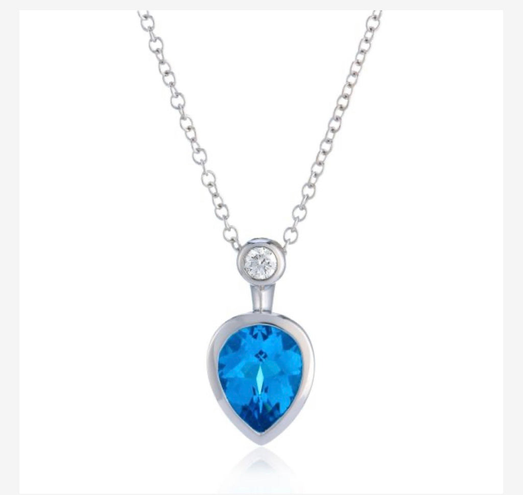 9ct White Gold Blue Topaz and Diamond Pendant and Chain
