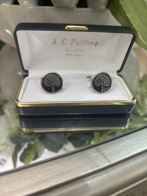 Tree Cufflinks – Black Enamel Disc with Silver Coloured Image