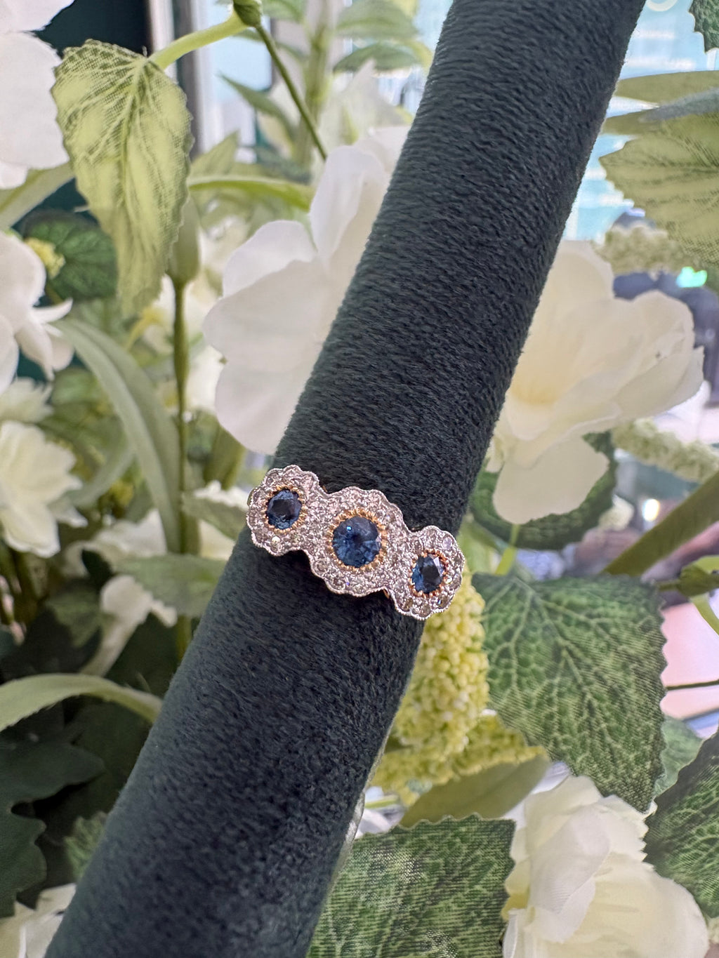 18ct Yellow Gold triple Sapphire and Diamond cluster ring