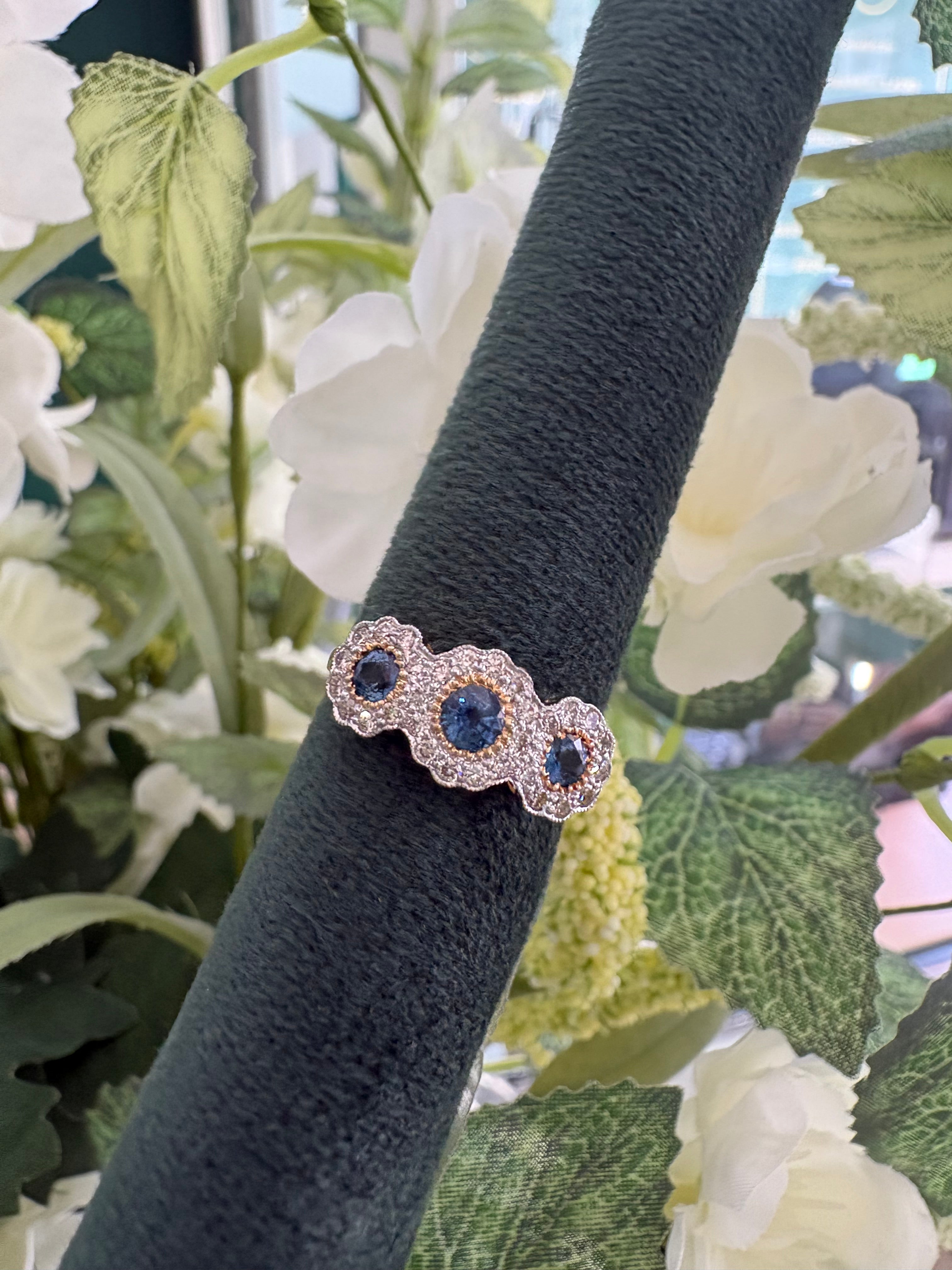 18ct Yellow Gold triple Sapphire and Diamond cluster ring
