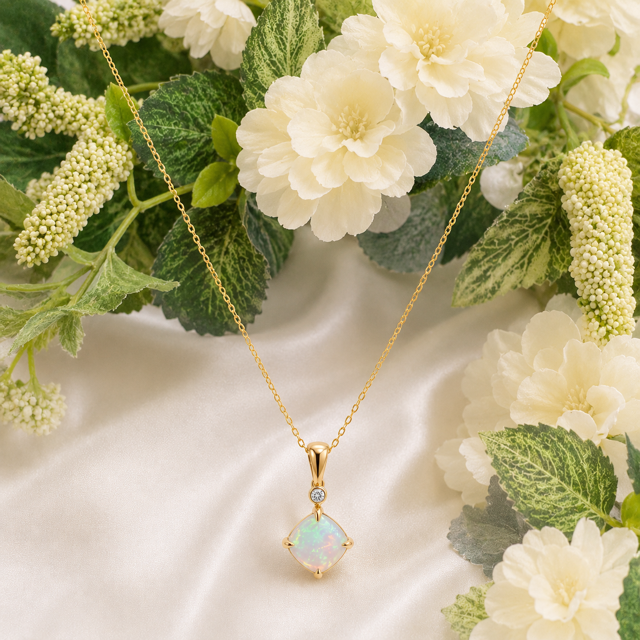 9ct Yellow Gold Diamond and Opal Stud Pendant