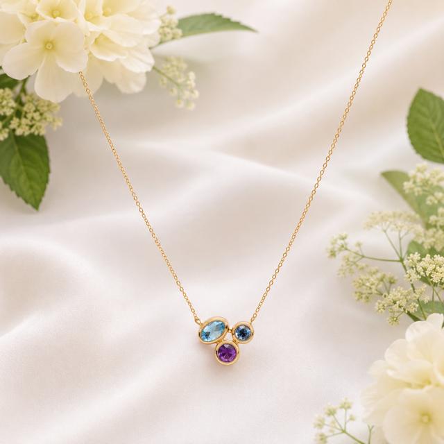 9ct Yellow Gold necklace with Amethyst, Blue and London Blue Topaz