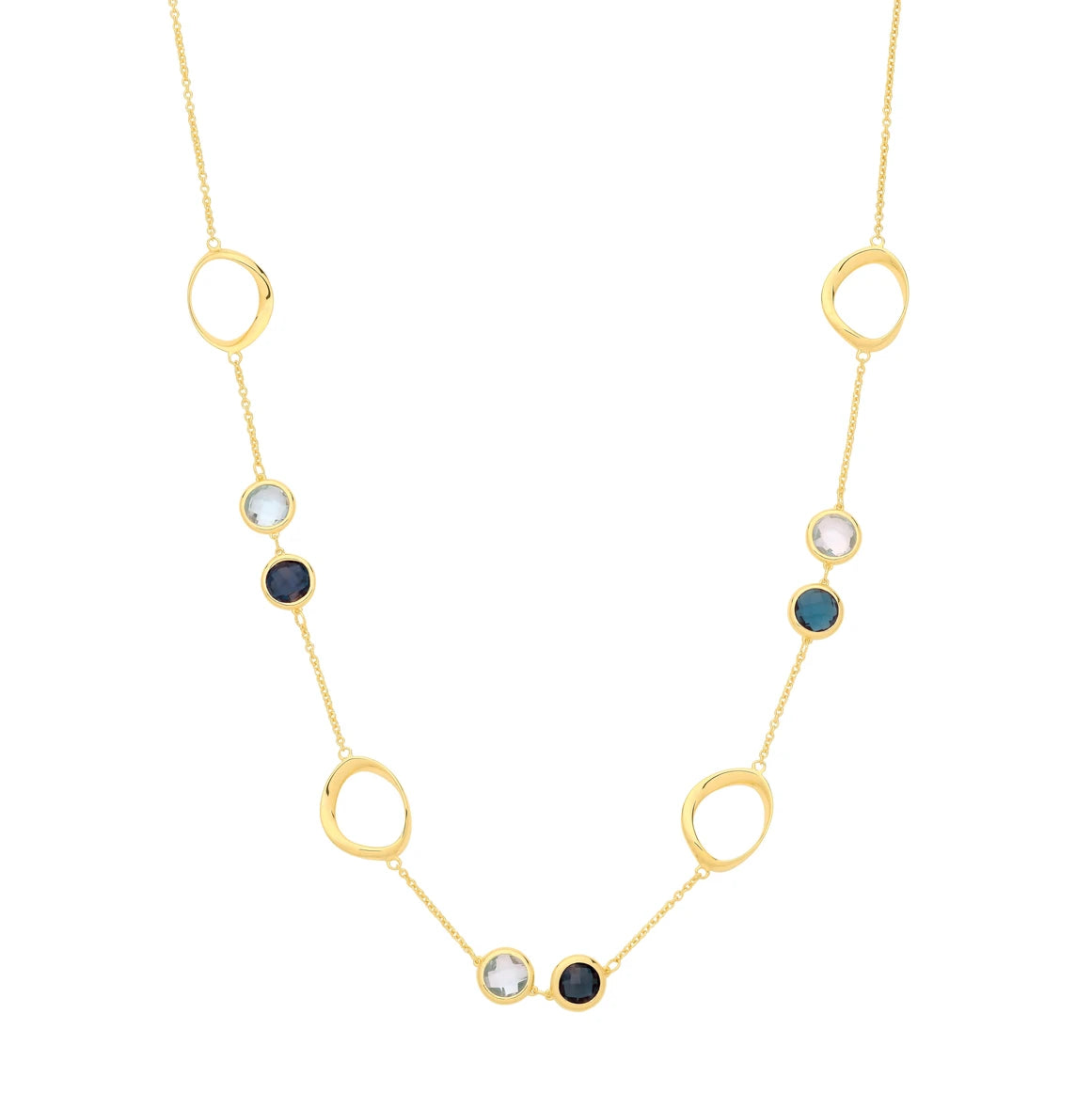 9ct Yellow Gold Circle Design Necklace with London Blue and Blue Topaz