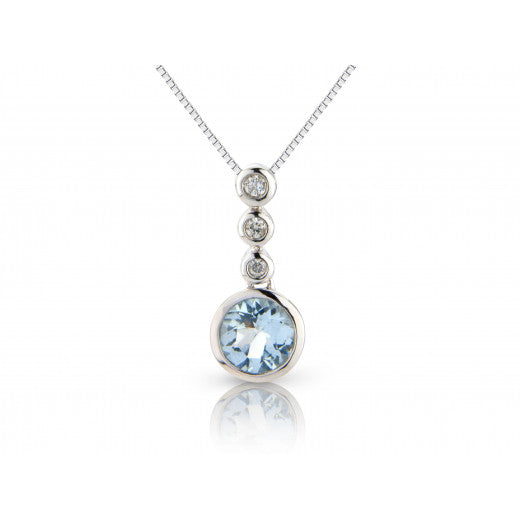 9ct White Gold Diamond & Aquamarine Pendant Necklace