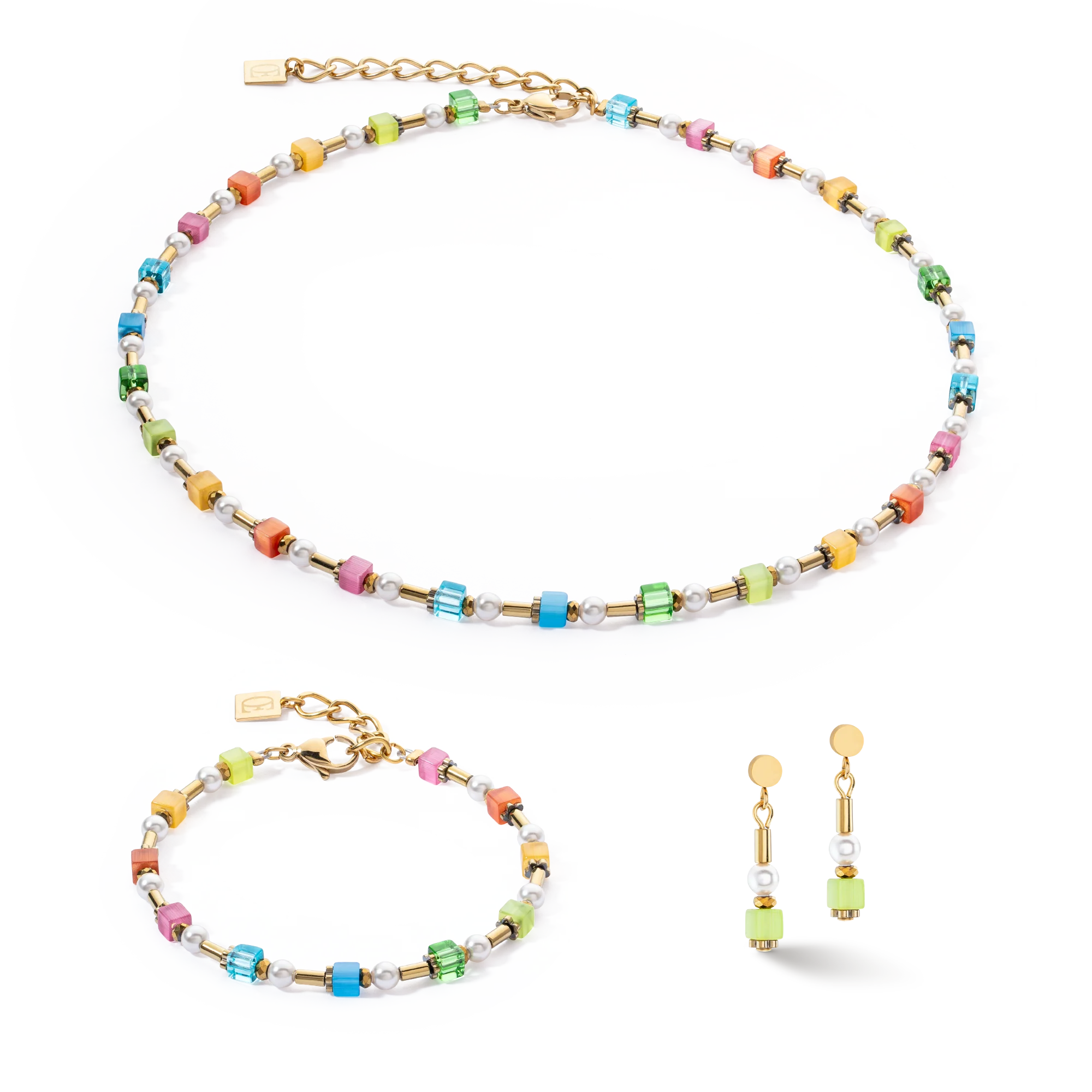 Coeur-de-Lion Mini Cubes & Pearls Mix gold-rainbow earrings