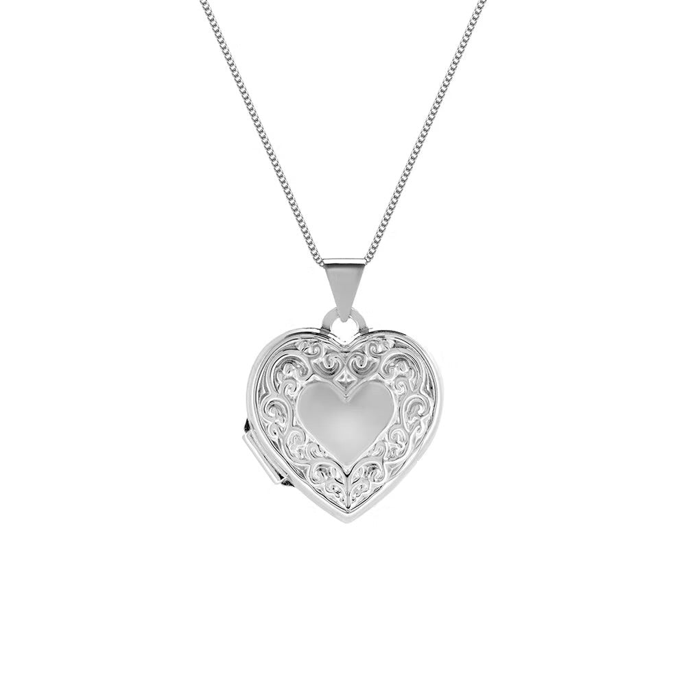 Silver heart locket with plain centre and engraved edge on silver chain