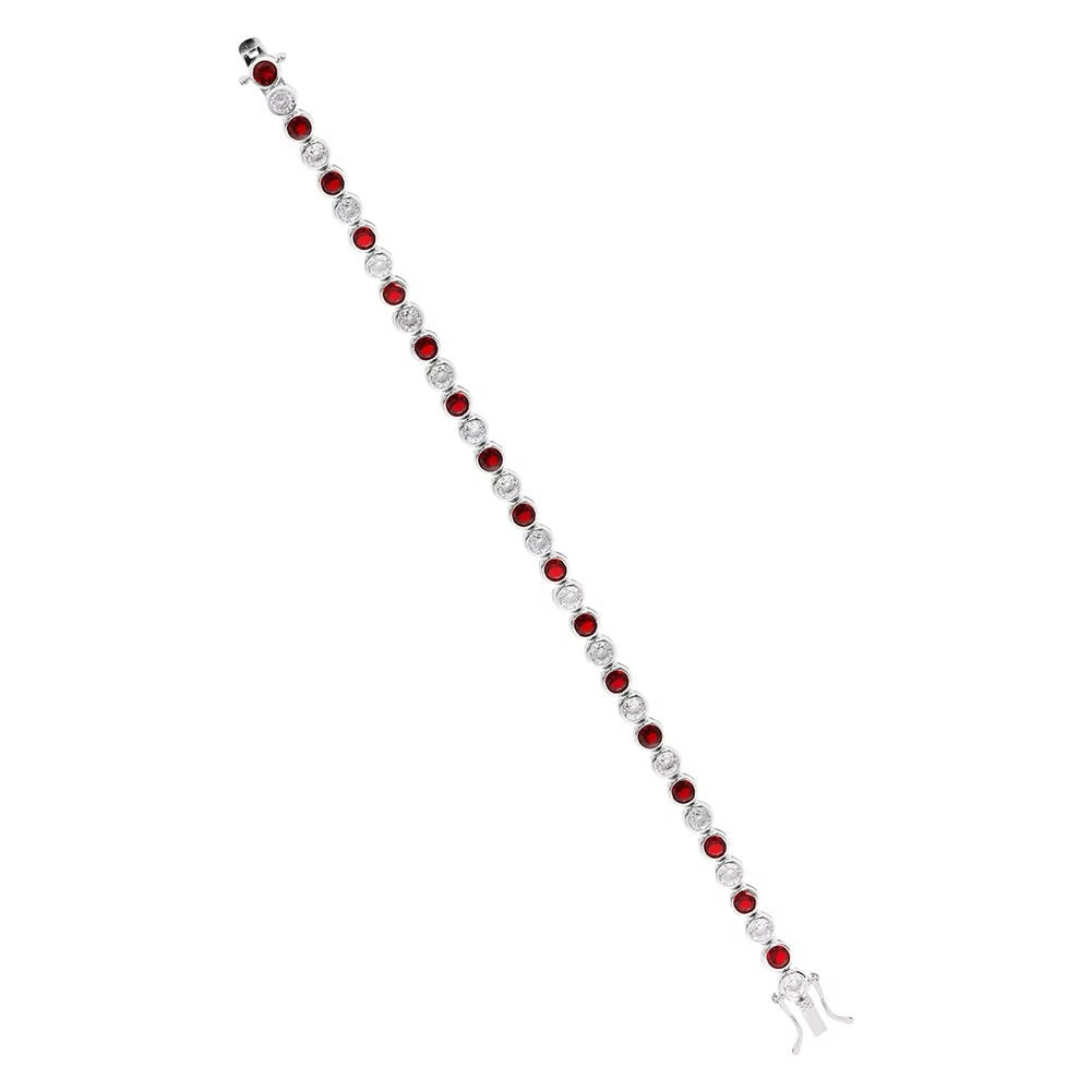 Silver rub over white CZ and red stone tennis bracelet