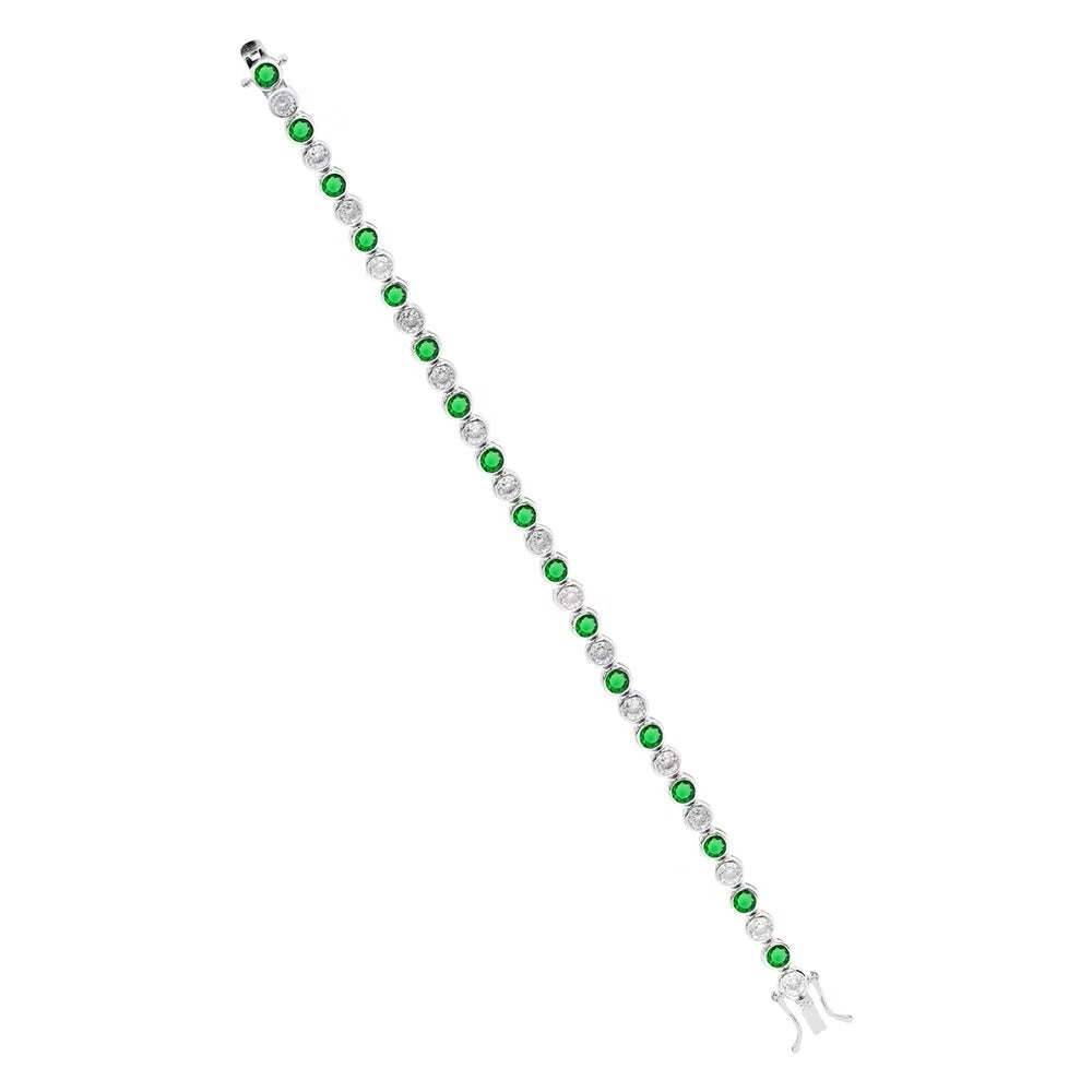 Silver rub over white CZ and green stone tennis bracelet