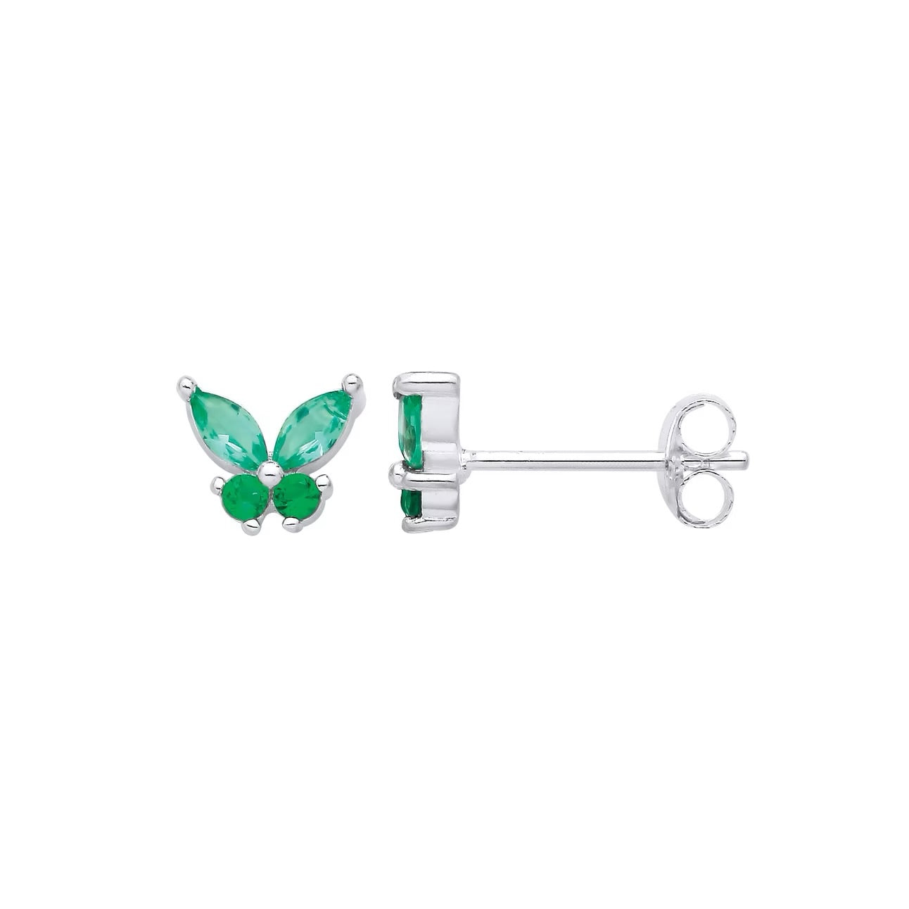 Silver Butterfly Stud Earrings with Green Cubic Zirconia