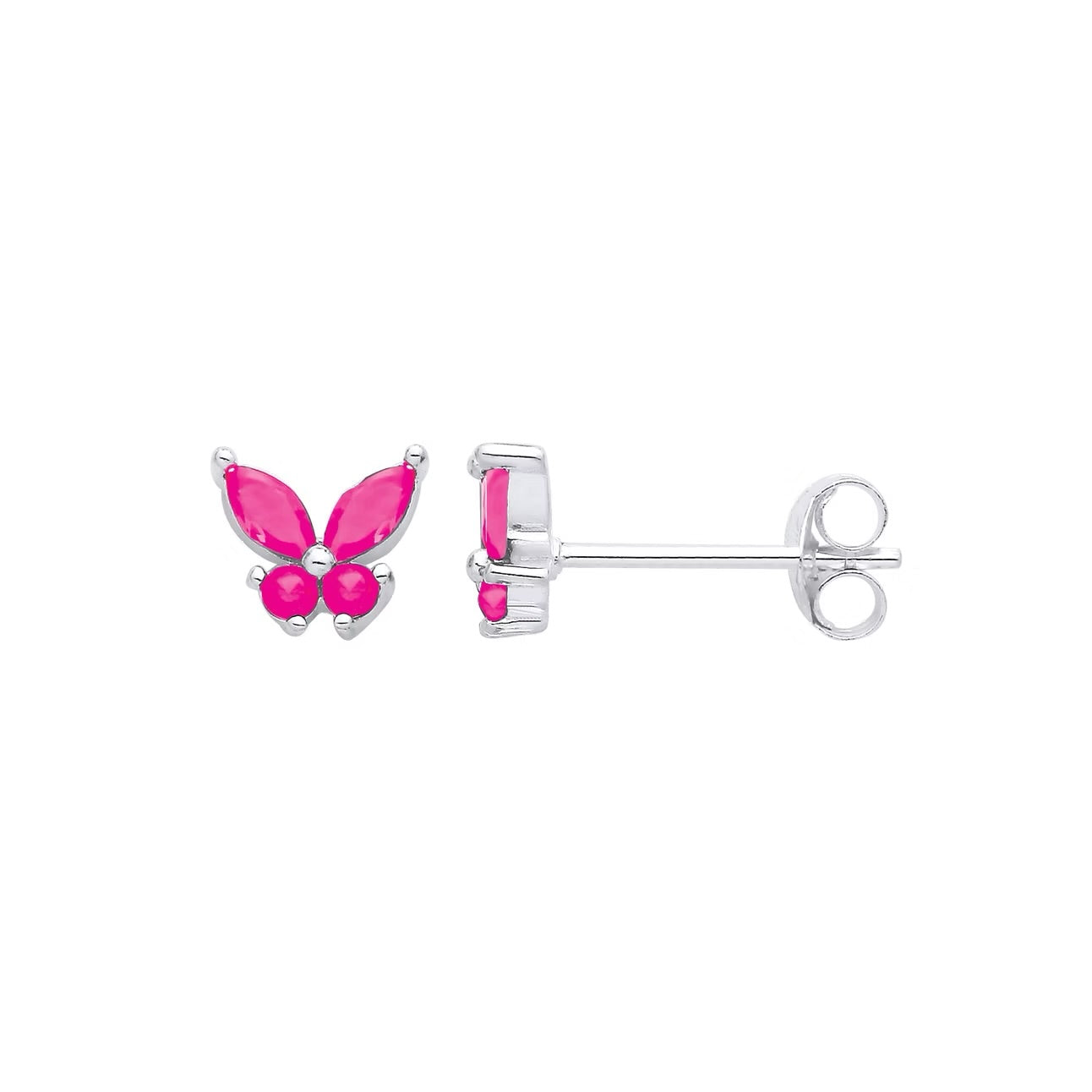 Silver Butterfly Stud Earrings with Ruby Pink Cubic Zirconia