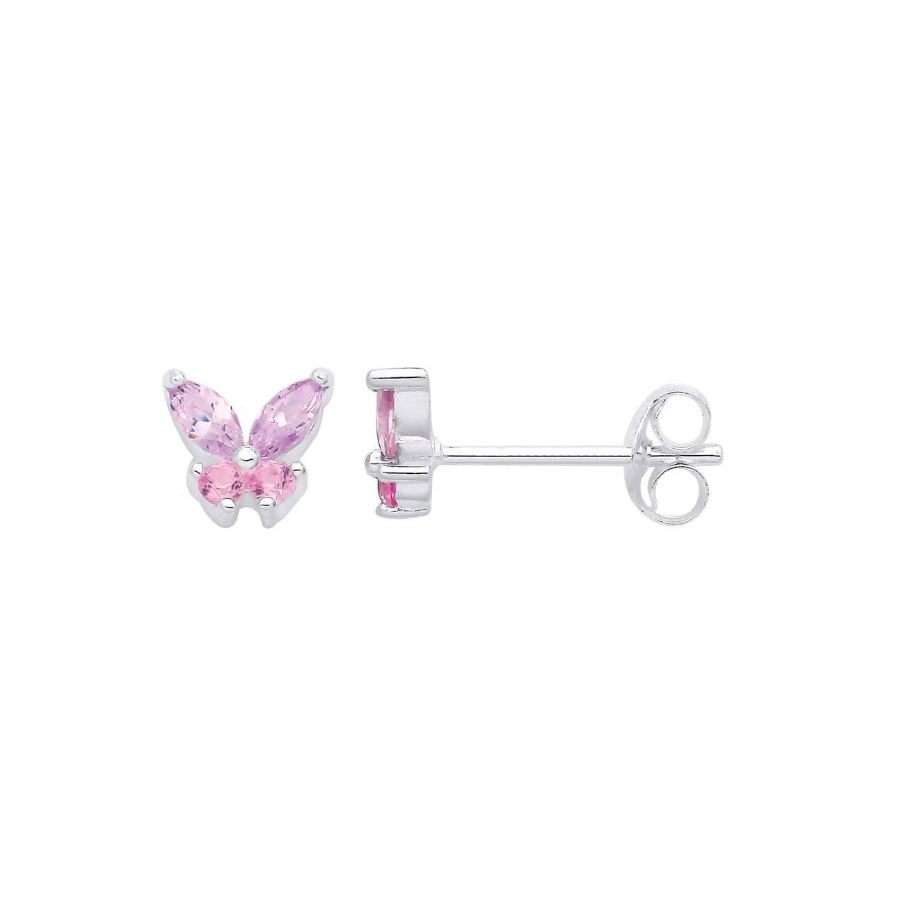 Silver Butterfly Stud Earrings with Pink & Purple Cubic Zirconia