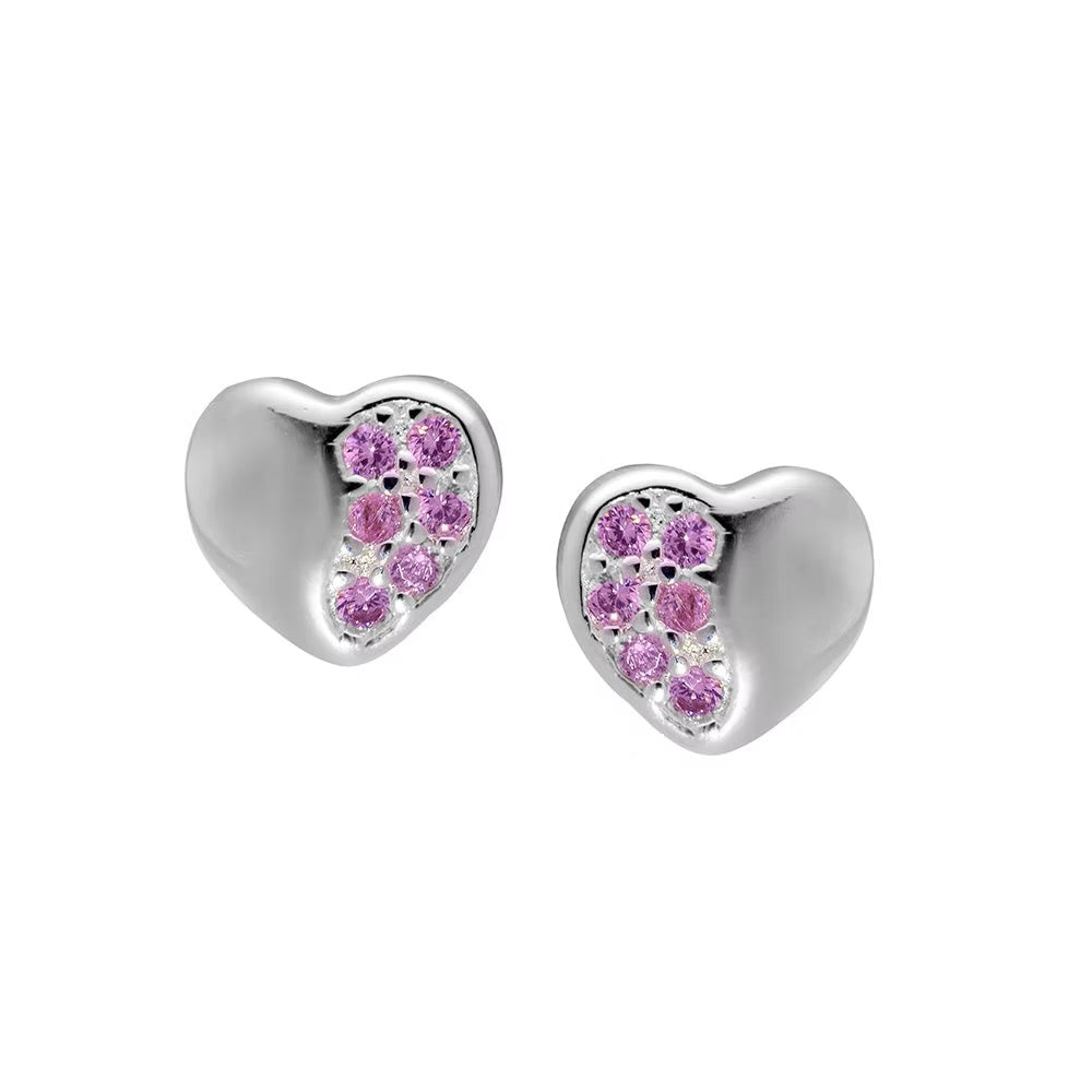 Silver & Pink Cubic Zirconia Heart Stud Earrings