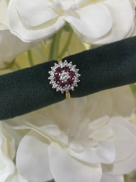 PRE LOVED 18ct Yellow Gold Ruby & Diamond Cluster Ring