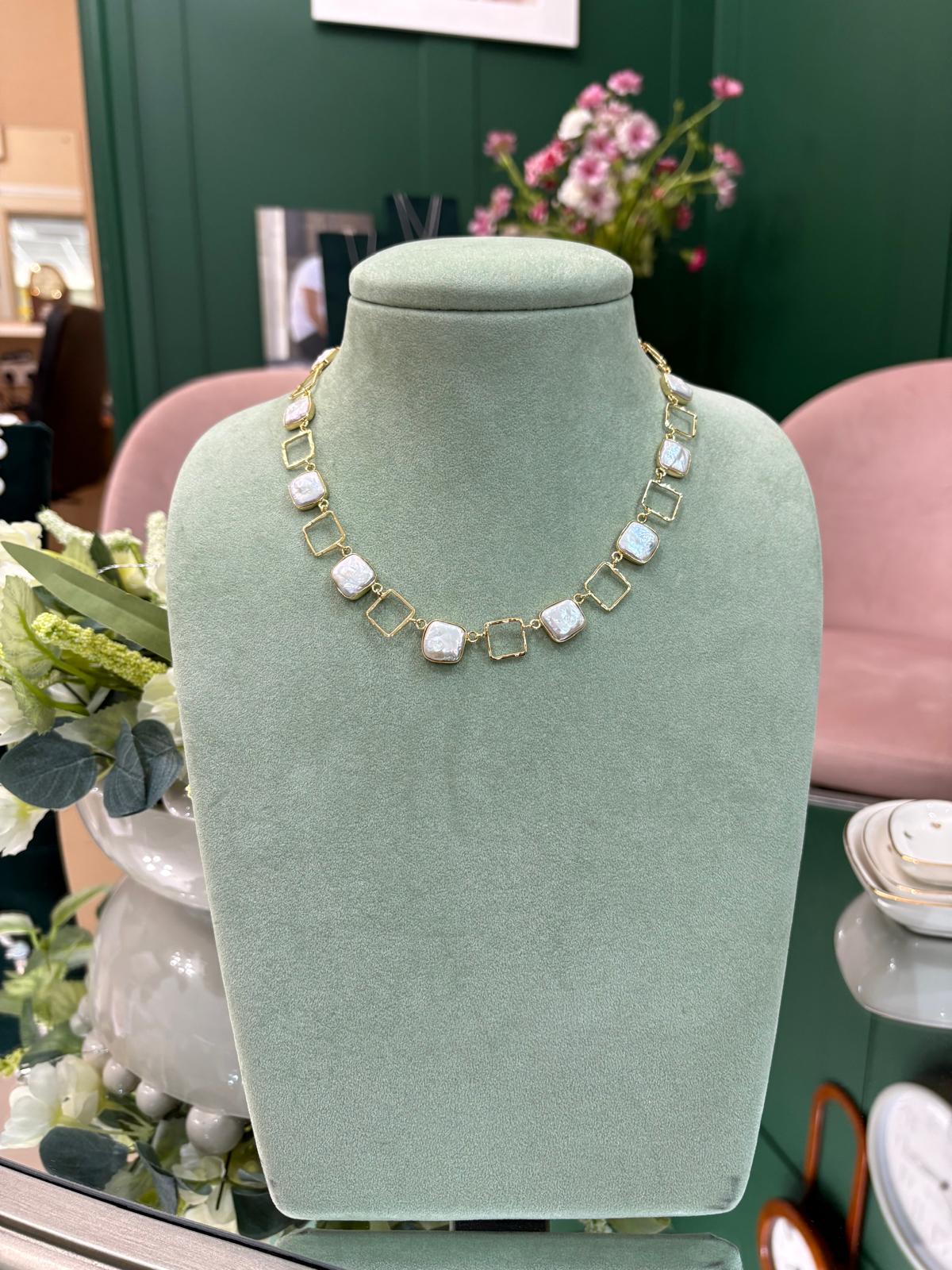 Lido Pearls - Gold Plated Open Square Freshwater Pearl Necklace
