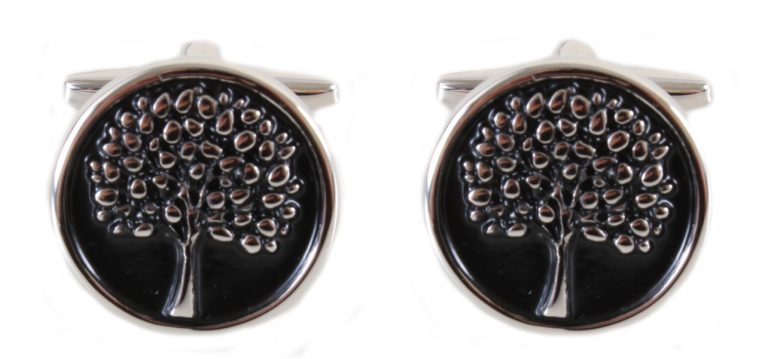 Tree Cufflinks – Black Enamel Disc with Silver Coloured Image