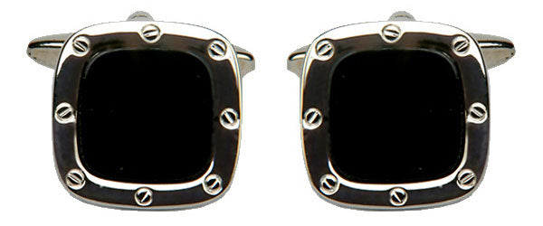 Onyx Port Hole Rhodium Cushion Cufflinks