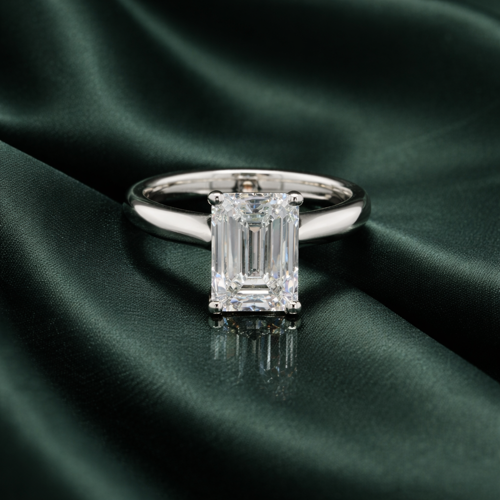 Lab-Grown 3.08 carat emerald cut diamond and platinum ring