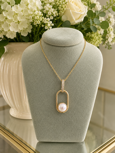 Lido Pearls - Gold Plated Rectangle Pendant with Freshwater Pearl & Cubic Zirconias