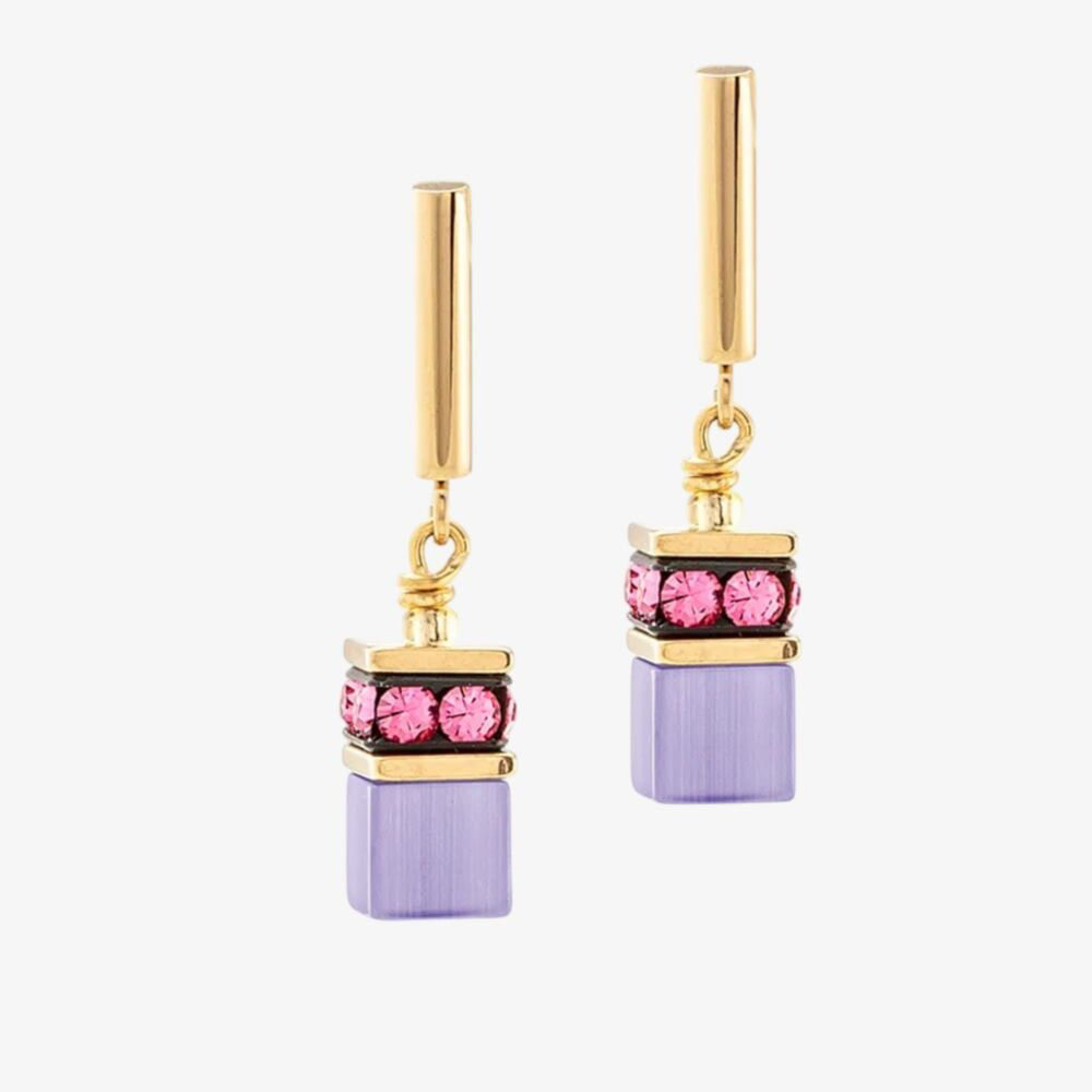 Coeur de Lion GeoCUBE pink and purple drop earrings
