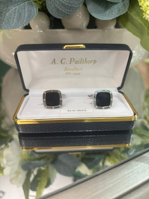 Onyx Port Hole Rhodium Cushion Cufflinks