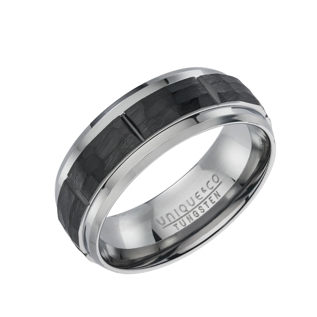 Unique & Co Tungsten Carbide Ring with Black Hammered Inlay