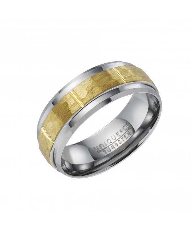 Unique & Co Tungsten Carbide Ring with Gold Coloured Hammered Centre
