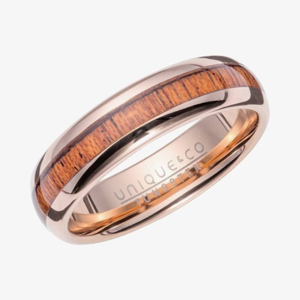 Unique & Co Tungsten Rose Gold Plated & Wood Inlay 6mm Ring