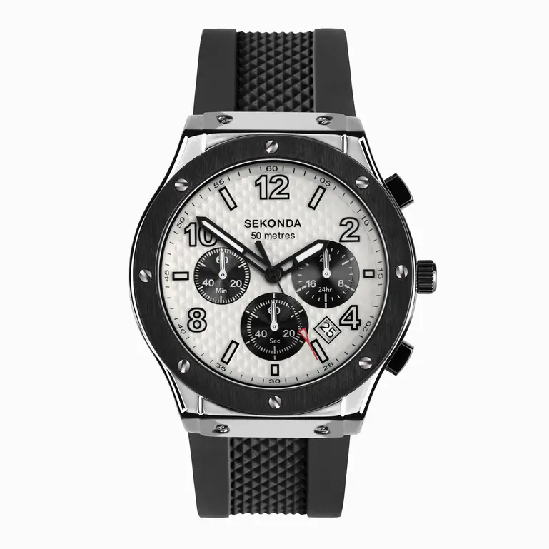Sekonda - Titan Chronograph Men's Watch - Silver Alloy Case & Black Silicone Strap with Silver Dial - 30256