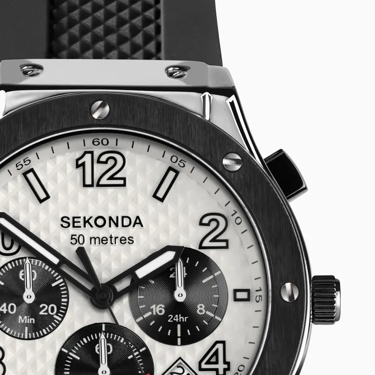 Sekonda - Titan Chronograph Men's Watch - Silver Alloy Case & Black Silicone Strap with Silver Dial - 30256