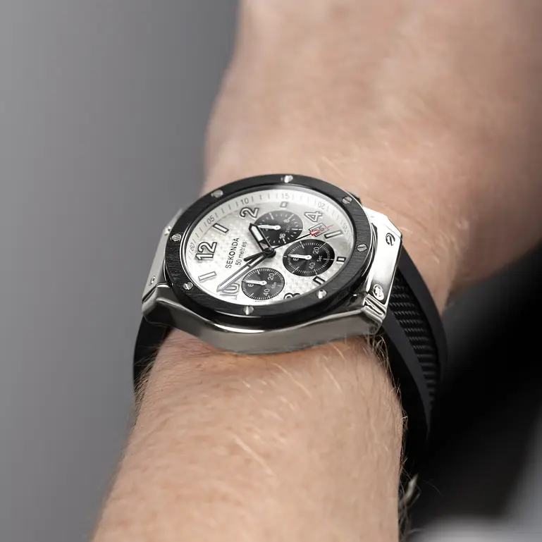 Sekonda - Titan Chronograph Men's Watch - Silver Alloy Case & Black Silicone Strap with Silver Dial - 30256