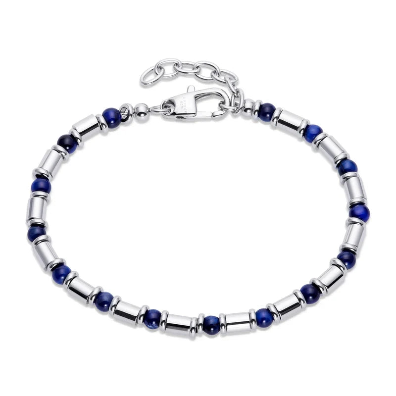 UNIQUE & CO LAB-224 Stainless Steel Blue Tigers Eye Men’s Beaded Bracelet