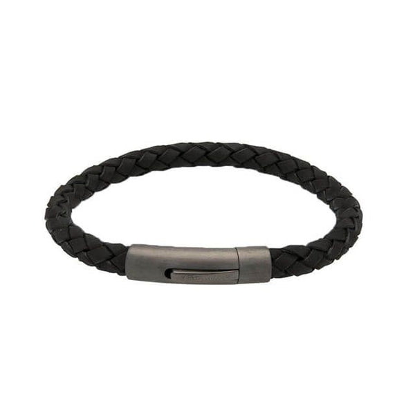 Unique & Co B425BL/21CM Men's Black Leather Bracelet with Matte Gunmetal Clasp