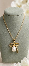 Lido Pearls - Gold Plated Open Bow Rice Pearl Pendant & Chain