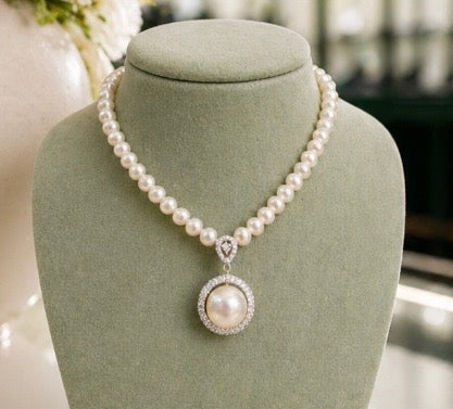 Lido Pearls - Silver Freshwater Pearl Necklace with Pearl Pendant with Cubic Zirconias