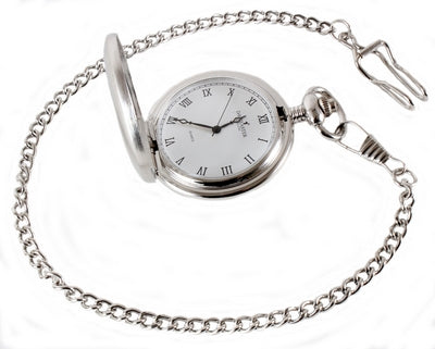 David Aster Silver Brushed Quartz Full Hunter Pocket Watch with stand