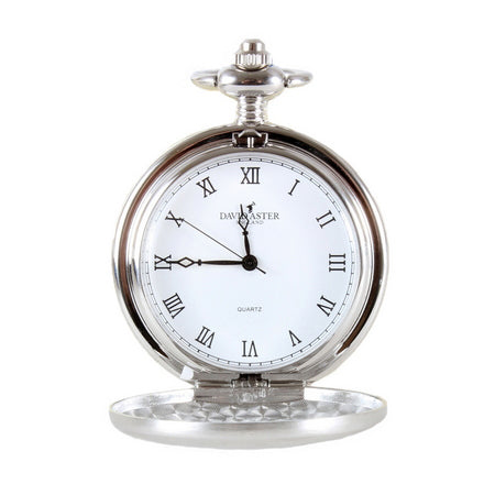 David Aster Silver Brushed Quartz Full Hunter Pocket Watch with stand