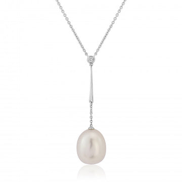 9ct White Gold Oval Pearl & Diamond Pendant Necklace