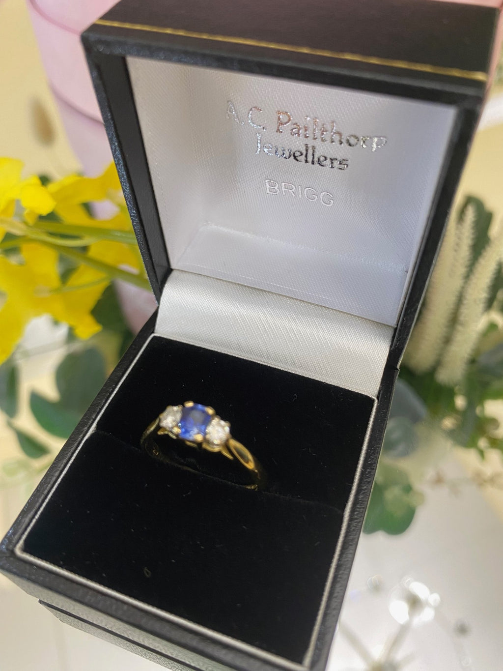 18ct Gold Classical Sapphire & diamond three stone ring