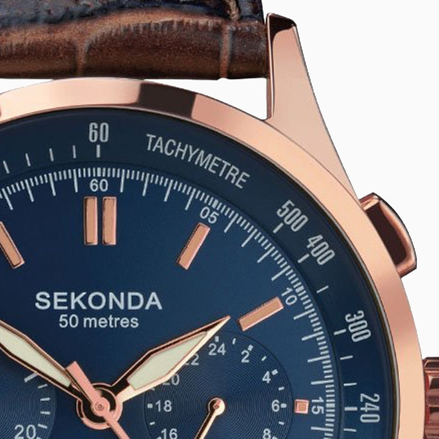 Sekonda Men's Watch | Rose Gold Case & Leather Strap with Blue Dial