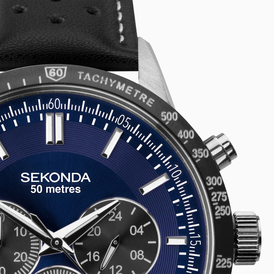 Sekonda Men's Chronograph Watch | Silver Case & Leather Strap with Blue Dial