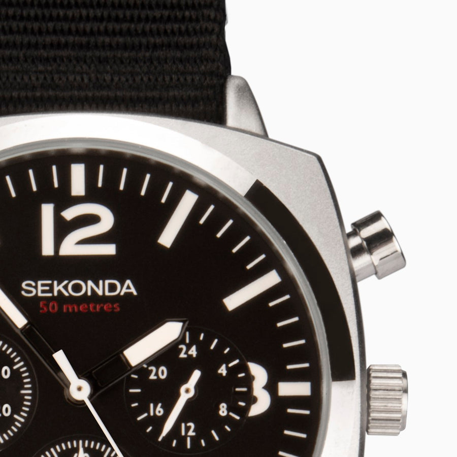 Sekonda Airborne Men's Chronograph Watch | Silver Case & Black Canvas Strap with Black Dial