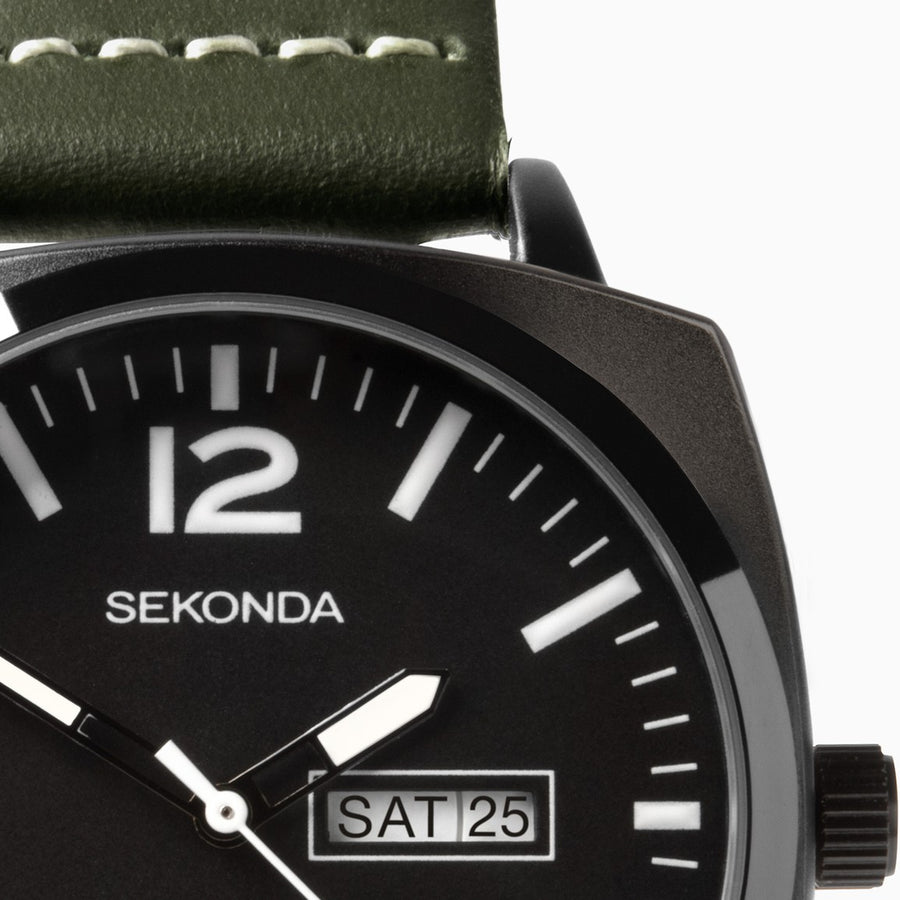 Sekonda Airborne Men's Watch | Black Case & Green Leather Strap with Black Dial
