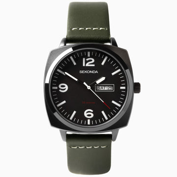 Sekonda Airborne Men's Watch | Black Case & Green Leather Strap with Black Dial
