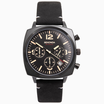 Sekonda Airborne Men's Chronograph Watch | Black Case & Leather Strap with Black Dial